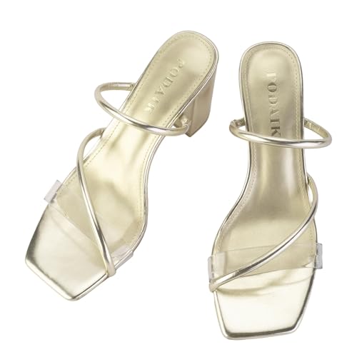 Strappy Heels for Women Mule Heeled Slip on Sandals Clear Straps Chunky Block Slides Open Square Toe Transparent Slippers