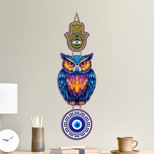 Image of Artvibes Lucky Owl Nazar Battu Wall Hanging for Main Door & Entrance | Evil Eye MDF Decorative Wall Art | Positive Energy Vastu Decor for Living Room | Balcony | Office | Hallway | Gift (WH 8529N)