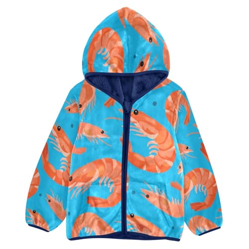Shrimp Pattern on Blue Background Toddler Fleece Jacket Girl Boys Hooded Fleece Jacket Coat Warm Outwear Zip-up 3-10T