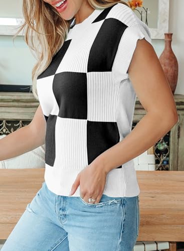 Image of EVALESS Short Sleeve Sweater for Women Crewneck Color Block Knit Tops 2026 Summer Trendy Cap Sleeve Sweater Vest
