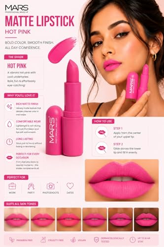 Image of Mars-Matte Creamy Lipstick | Non-drying, Highly pigmented Lipstick | Shade- multisades, 3.8gm| (Hot Pink)