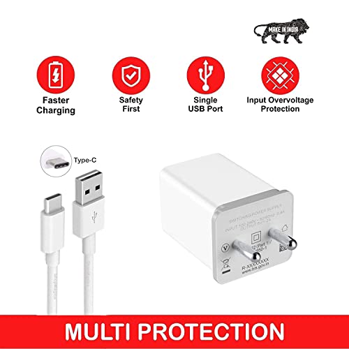 Image of Charger for Samsung Galaxy A12 Charger Original Adapter Like Wall Charger | Mobile Charger | Qualcomm QC 3.0 Quick Charge Adaptive Fast Charging , Rapid , Dash , VOOC , AFC Charger With 1 Meter Type C USB Data Cable ( 3.0 Amp , OPPO-White )