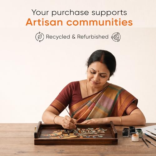Image of AAKRITI ART CREATIONS Chirping Birds Handcrafted Serving Tray Set of 2 | Floral Art | Brown Wooden Tray Set | Glossy Finish Serving Trays | Tray for Dining Table & Kitchen