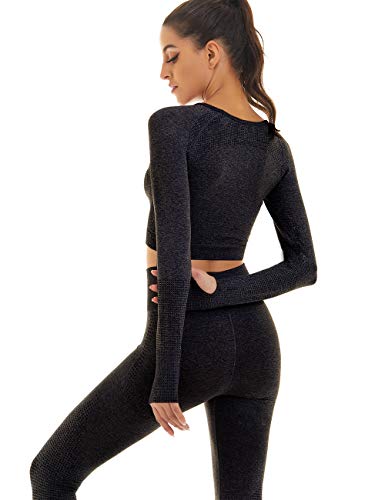 Toplook Women Seamless Workout Outfits Athletic Set Leggings + Long Sleeve Top (Black, Small)