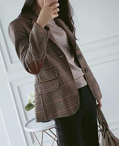 Hotmiss Womens Houndstooth Plaid Blazer Suits Nothced Lapel Single Breasted Jacket Coat with Patched Elbow2