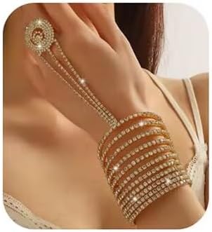 Jumwrit Shiny Finger Ring Hand Chain Bangle Bracelet Sparkle Rhinestone Multi Layers Link Hand Harness Cosplay Open Ring Cuff Bracelet Wedding Bridal Accessories for Women