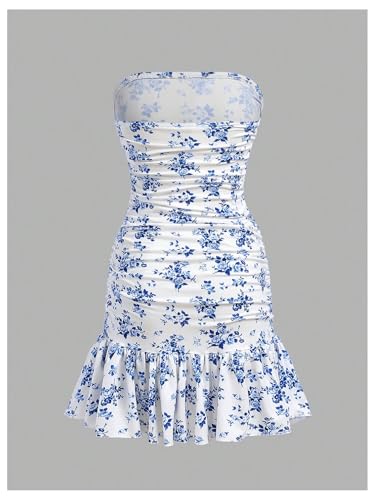 WDIRARA Girl's Floral Print Strapless Ruffle Hem Dress Ruched Sleeveless Tube Dresses2