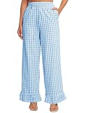 Flygo Women's Gingham Pants Y2K Cotton Wide Leg Ruffle Hem Lounge Pants Plaid Elastic Wasited Trouser with Pockets(Blue-XL)