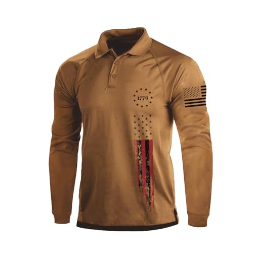 H HYFOL Long Sleeve Polo Shirts for Men 1776 Independence Day Graphic Stretch Casual American Patriotic Raglan Golf Polos(Khaki,S)