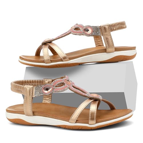 Image of UBFEN Flat Sandals For Women Dressy Arch Support Comfortable Casual Sandal With 2026 Rhinestone Braid Elastic Strap Summer Vacation