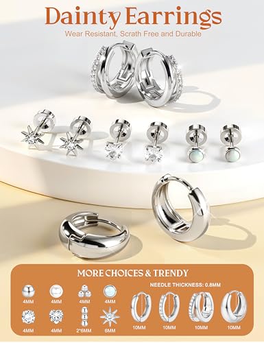 LOYALLOOK Flat Back Earrings for Women Hypoallergenic - Surgical Steel Earrings for Sensitive Ears Small Flatback Stud Hoop Earring Stacks Cartilage Earring Set for Multiple Piercing3