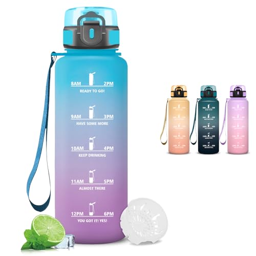 Trinkflasche 1.5l, Wasserflasche Sport, Trinkflasche Erwachsene, Wasserflasche Auslaufsicher, mit Zeitmarkierung und Filter, Leicht zu Reinigen, Sportflasche für Fitness, Fahhrad, Camping, Gym