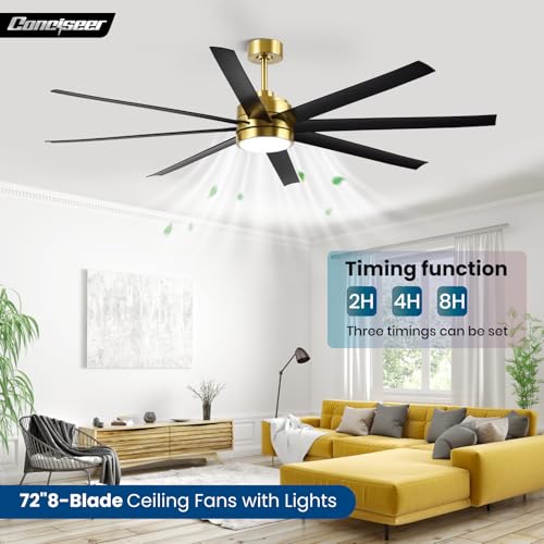 Image of Conciseer 72 Inch Ceiling Fans with Lights and Remote for Living Room Kitchen Library Cafe Outdoor /Industrial Use, 3CCT Dimmable, Dual Color 8 Blades 6 Speed Reversible Quiet DC Motor, Gold /Black