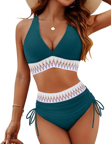 Image of Blooming Jelly Women High Waisted Bikini Sets Tummy Control Swimsuits Color Block Two Piece Drawstring Bathing Suit