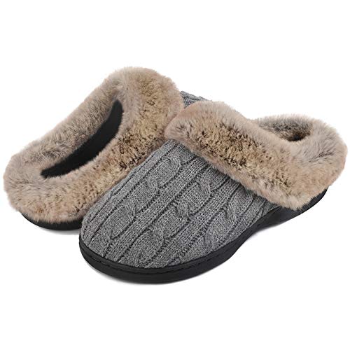 Women's Soft Cable Knit Slippers Soft Plush Faux Fur Collar Memory Foam Fuzzy House Shoes Anti-Skid Indoor/Outdoor Rubber Sole Grey 7-8