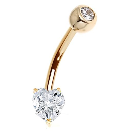 Ritastephens 14k Solid Yellow Gold Heart Cubic Zirconia Bezel Navel Belly Ring