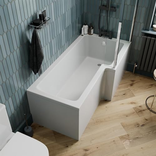 1500mm L Shaped Shower Bath Right Hand Bathtub Glass Screen with Rail Front Side Bath Panel White Acrylic Modern
