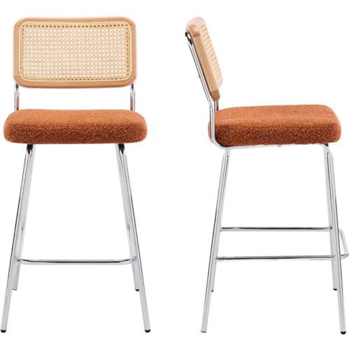 HOMIFAB Lot de 2 chaises de Bar en cannage et Tissu bouclé Rouille, piètement chromé - Muse