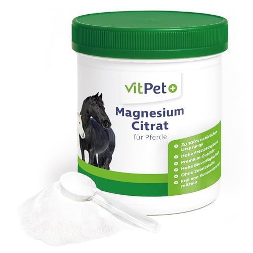 VitPet+ Magnesiumcitrat für Pferde – Magnesium Pferd – Premium Magnesiumcitrat Pulver – Zur Unterstützung von Muskulatur und Nervensystem – 1000 g inklusive Dosierlöffel
