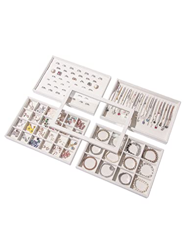 Image of Coward Set of 5 Stackable Jewelry Organizer Tray Necklace Earring Box Storage Ring Bracelet Display Holder (beige(ring+necklace+12girds+24girds+The glass lid))