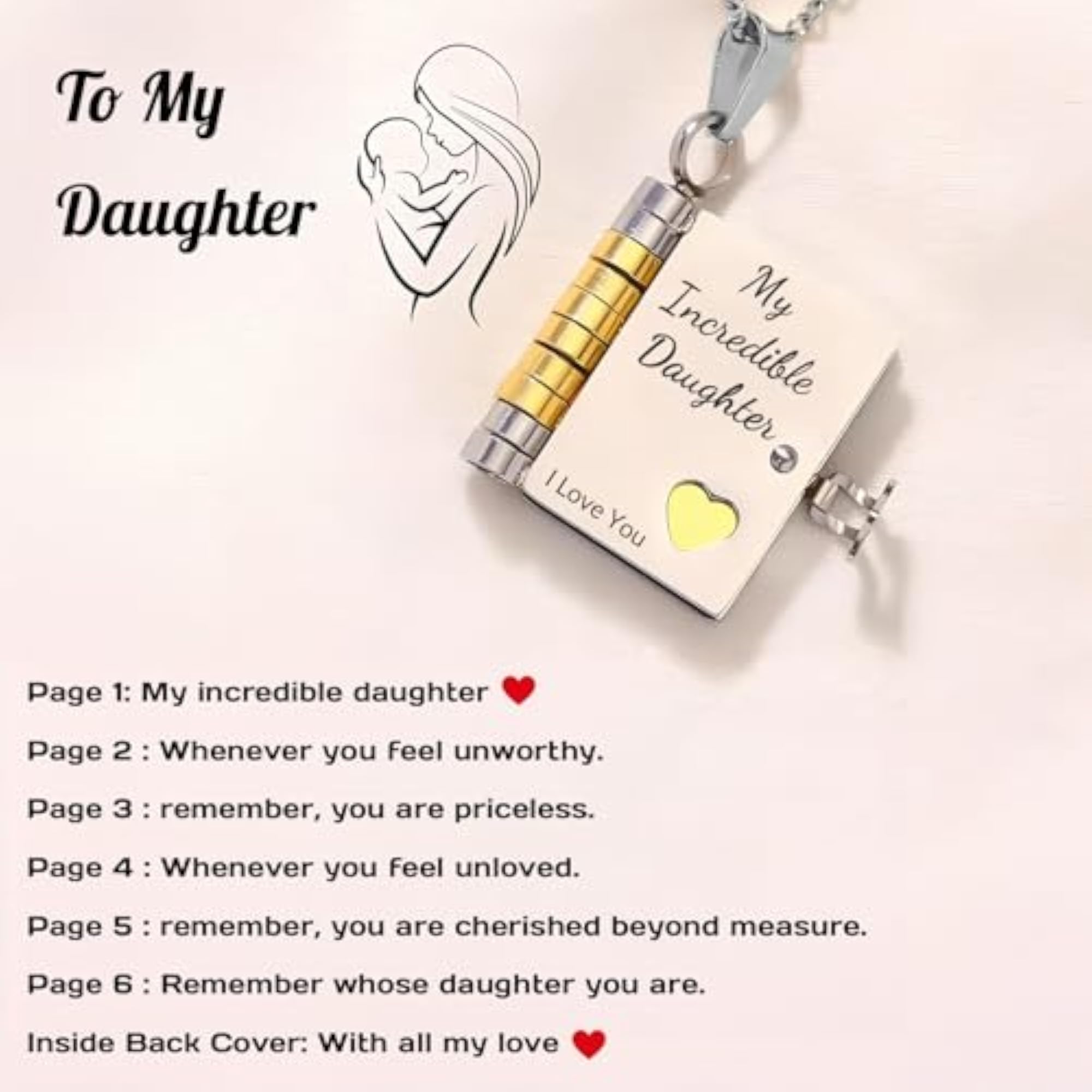 Daughter's Book Necklace, Personalized Gift from Mom and Dad