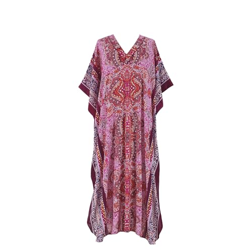 SAGEFINDS Pink Kaleidoscope Caftan for Women, Long Maxi Dress, Loungewear Kaftan, Swimsuit Beach Cover Up, Kimono Sleeves, One Size