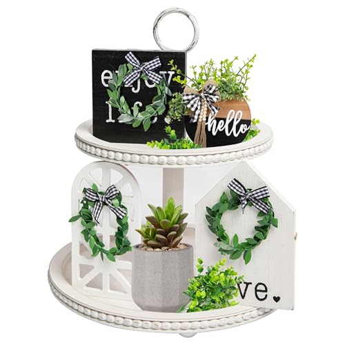 GENMOUS & CO. 2 Tiered Beaded Tiered Tray, Wooden Farmhouse