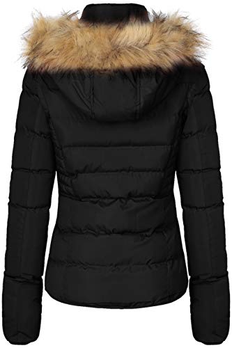 BodiLove Women's Puffer Jacket with Removable Faux Fur Hood and Zipper Black S2