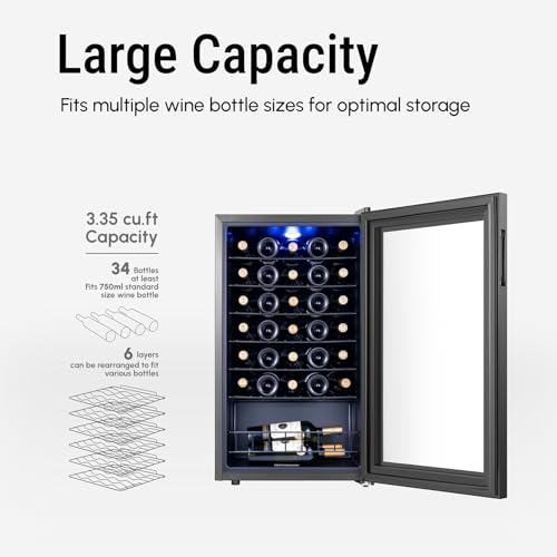 Image of Yeego Wine Fridge - 34 Bottles Wine Cooler, 38-65℉ Digital Control with Double Glass Door & LED Light, Freestanding Wine Fridge Under Counter for Home Bar and Kitchen