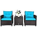 AUGESTER 3 PCS Patio Furniture Set, Outdoor PE Rattan Wicker Conversation Sofa Set w/Washable Cushion and Tempered Glass Tabletop, All Weather Chat Sofa for Garden Poolside Balcony Porch (Turquoise)