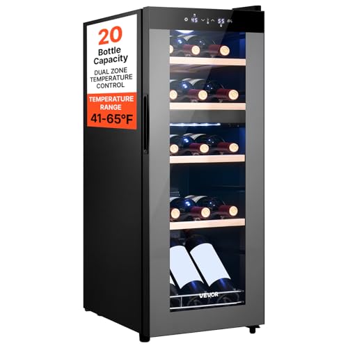 Image of VEVOR 20 Bottle Wine Fridge, Freestanding Wine Cooler Refrigerator, Dual Zone Cooler, 41℉ to 65℉ Adjustable Temp Mini Cellar, Glass Door, For Home Office Bar, Red White Champagne or Sparkling Wines