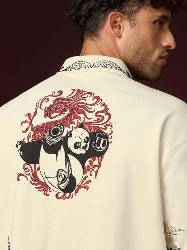 Image of The Souled Store Kung Fu Panda: Peace Men and Boys Short Sleeve Spread Collar Cream Graphic Printed Cotton Oversized Heavy Gauge Breathable Everyday Lightweight All-Season Polos