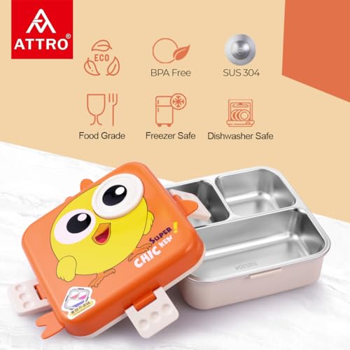 Image of ATTRO Carnival Super Birdy Lunch Box 2 Layer Stainless Steel Lunch Box Comes with 1 Detachable Tray, 1 Small Container & 1 Spoon Ideal for Kids BPA Free 1120ml+70ml- Orange