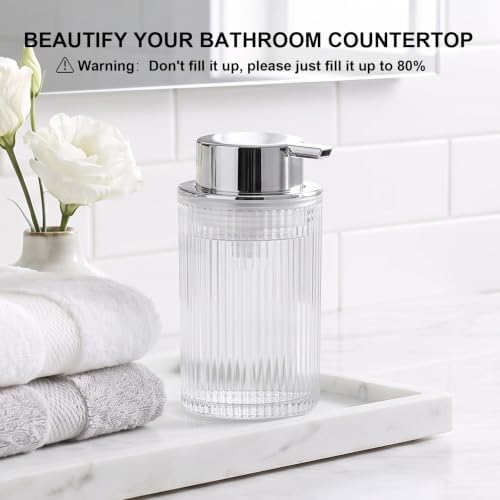 KASUNTING Foaming Soap Dispenser, 11 Fl Oz Clear Glass Foam Hand Soap Dispenser for Bathroom & Kitchen, 2 Pack Refillable Foaming Bottle with Sliver Pump, Modern Ribbed Dish Soap Foam Dispenser — view 4