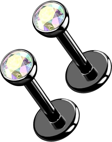 OUFER 2Pcs Black AB Nose Studs, 18G G23 Solid Titanium Threadless Stud Earrings Flat Back Tiny CZ 3MM Nose Helix Cartilage Tragus Conch Piercing Jewelry-5MM