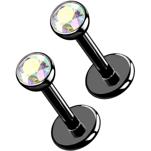 OUFER 2Pcs 20G/18G/16G G23 Titanium Threadless Nose Stud Earrings Flat Back Tiny CZ Small Nose Helix Cartilage Tragus Conch Labret Medusa Monroe Piercing Jewelry for Women Men Black AB 2pcs,