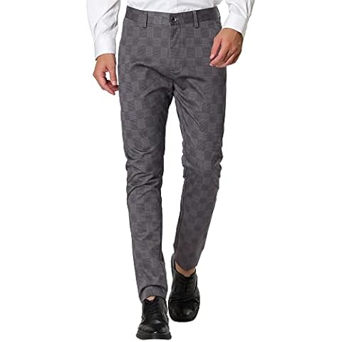 Lars Amadeus Men's Gray Plaid Dress Pants Slim Fit Flat Front Business Check Trousers 34 Cover