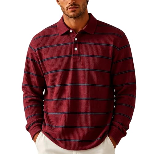 Mens Rugby Shirts Long Sleeve Collared Henley Button Mens Waffle Knit Shirt | Waffle Knit, Striped, Smart‑Casual, Oversized, Thermal Warm, Skin‑Friendly, Drop Shoulder, Fall Winter, Relaxed Fit - image 1