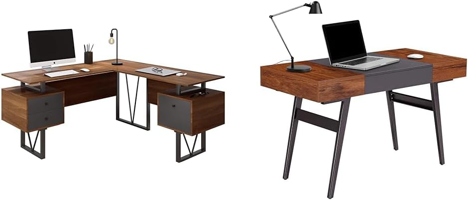 Techni Mobili 59" W x 57.3" D x 30" H 2-Tone L-Shaped Desk and Mahogany Expandable Storage Writing Desk Bundle