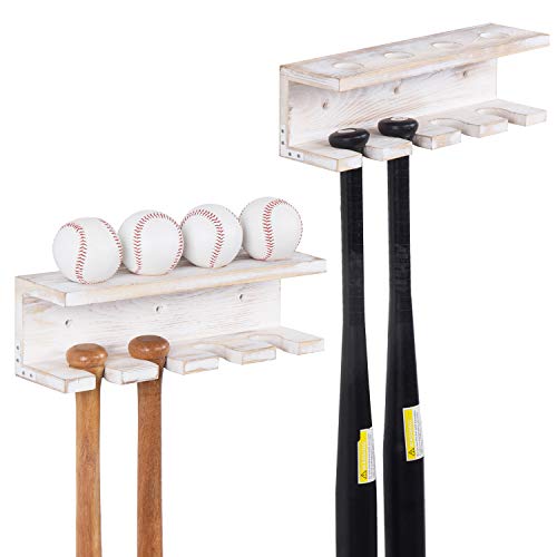 MyGift Wall Mounted Whitewashed Wood Baseball Bat Rack & Ball Storage Shelf, Set