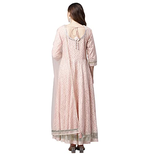 Image of Divena Light Pink Cotton Anarkali Gown Pant set with Net Dupatta