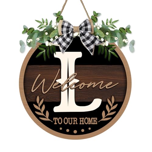 Image of Bolisom Monogram Letter L Front Door Sign, Welcome to Our Home Family Last Name Initial Wooden Hanger Decor Housewarming Wedding Gifts, Farmhouse Rustic Wreath Indoor Wall Hanging Decoration with Bow
