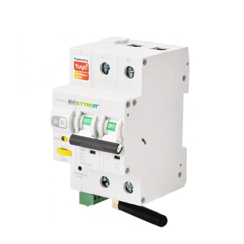 ETTROIT - INTERRUTTORE MAGNETOTERMICO SMART WIFI 2P 63A RIARMO AUTOMATICO APP TUYA OCCUPA 3 MODULI DIN CON FUNZIONE CONTROLLO CONSUMO ENERGIA