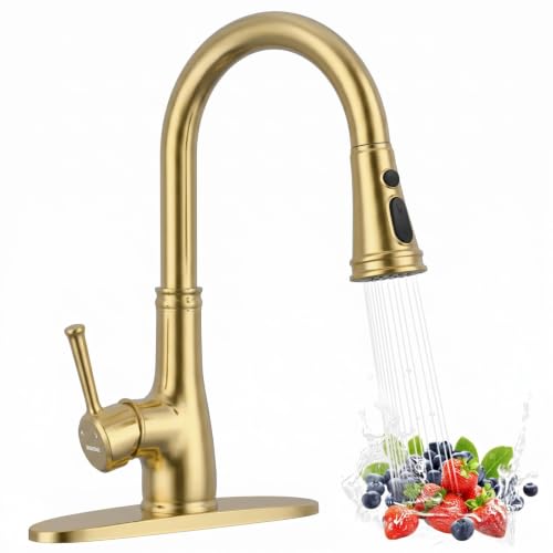 Image of WEWE Brushed Gold Kitchen Faucet with Pull Down Sprayer, Champagne Bronze Copper Single Handle Single Hole Kitchen Sink Faucet