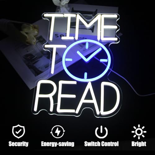 Image of Time To Read Neon Sign Read Books Neon Lights for Bedroom Bookstore Decor | White Letter LED Signs, Blue Clock Neon Read Light Up Sign, Dimmable Acrylic Wall Art, USB Powered, Reading Corner Decor