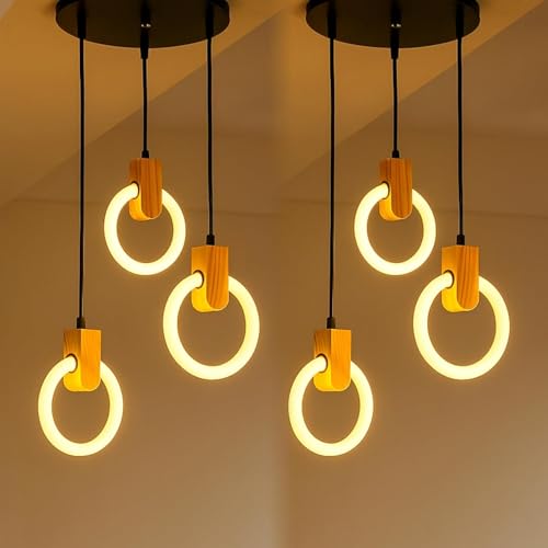 Image of Lunaris Orbit 2 Pack LED Chandelier 3 Ring Pendant Light | Modern Hanging Ceiling Lamp with Wooden Accent for Living Room, Dining Room, Bedroom, Restaurant & Cafe | 3000K Warm White Lighting