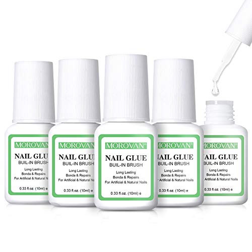 Morovan Nail Glue for Acrylic Nails, Super Bond Glue on Nails 5Pcs 0.33oz Brush On Nail Glue for Fake Nails Tips Rhinestone Broken Nail Fast Drying and Long-Lasting Nail Art Glue