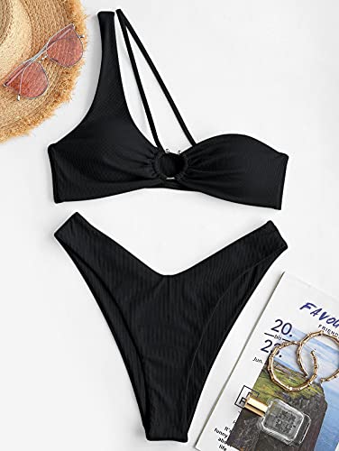 Zaful Ribbed O-Ring Bikini Sets For Women One Shoulder Cheeky Swimwear Colorblock Swimsuits #TOP5