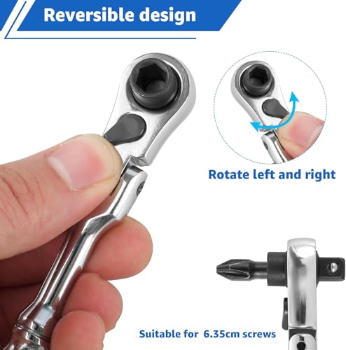 Image of NIHUIFDPY 1 /4 inch Mini Ratchet Wrench & Bit Driver, 2 in 1 Flex Head Stubby Ratchet Handle with Reversible Switch, 72-Tooth 5 Swing Arc for Tight Spaces, Chrome Vanadium Steel, 115mm