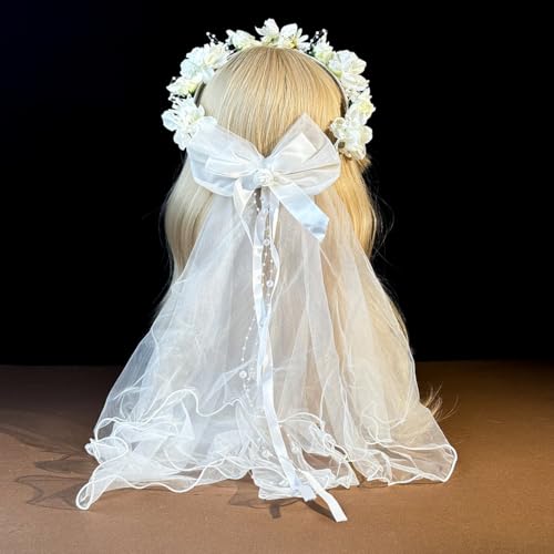 Image of Girls First Communion Holy Veil White Flower Headband Christening Headpiece